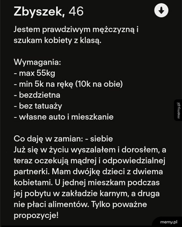 Ogłoszenie mężczyzny szukającego kobiety z wymaganiami.