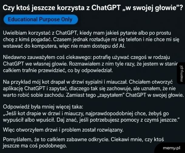 Tekst na ciemnym tle omawia korzystanie z ChatGPT w codziennym życiu.
