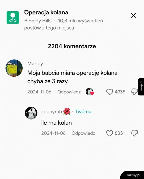 Komentarze pod postem o operacji kolana.