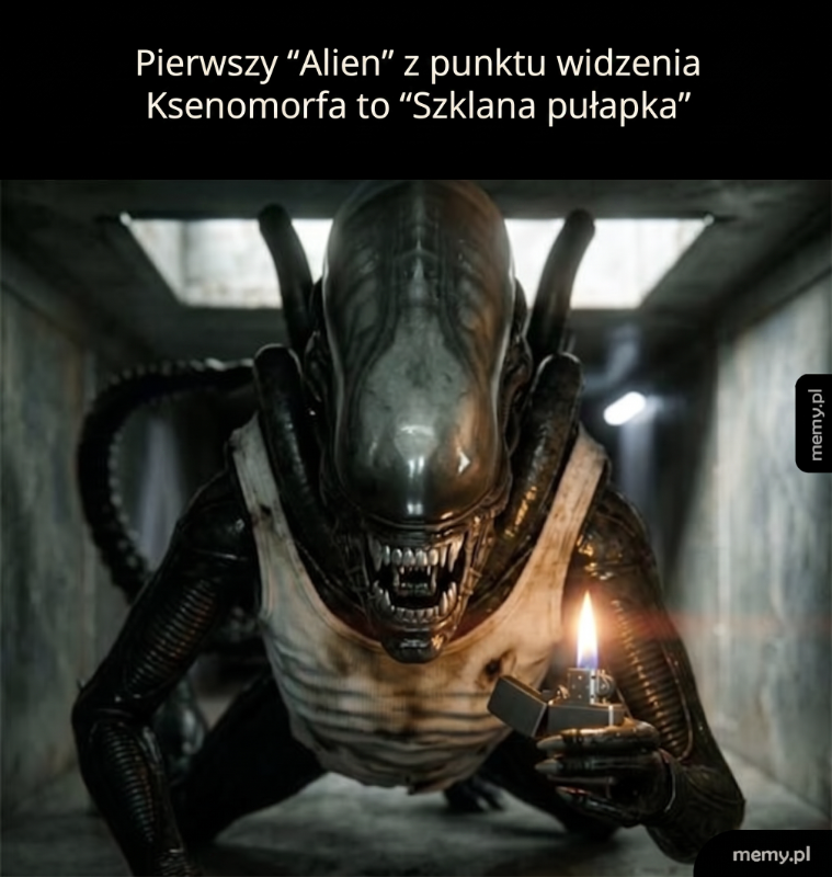 Xenomorf w ciemnym korytarzu, trzymający zapalniczkę.