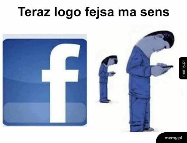 Postać zgięta nad telefonem obok logo Facebooka.