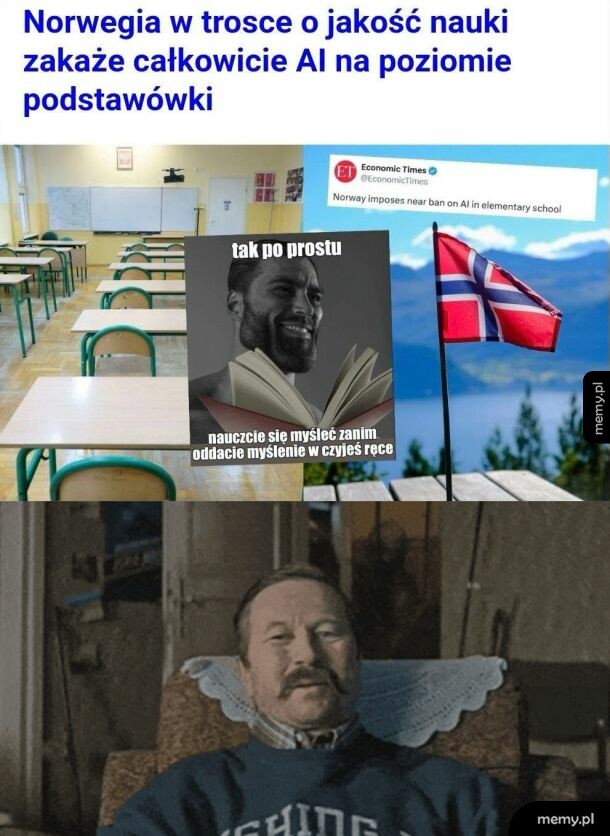 Mężczyzna w koszulce leży na kanapie, w tle flaga Norwegii i teksty.