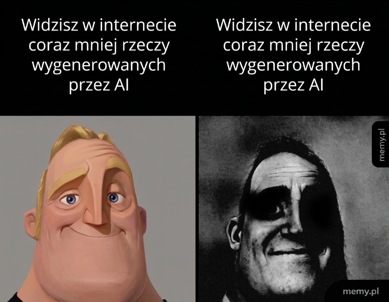 Dwie postacie z kreskówki, jedna z jasnym uśmiechem, druga w ciemnej, zniekształconej wersji.