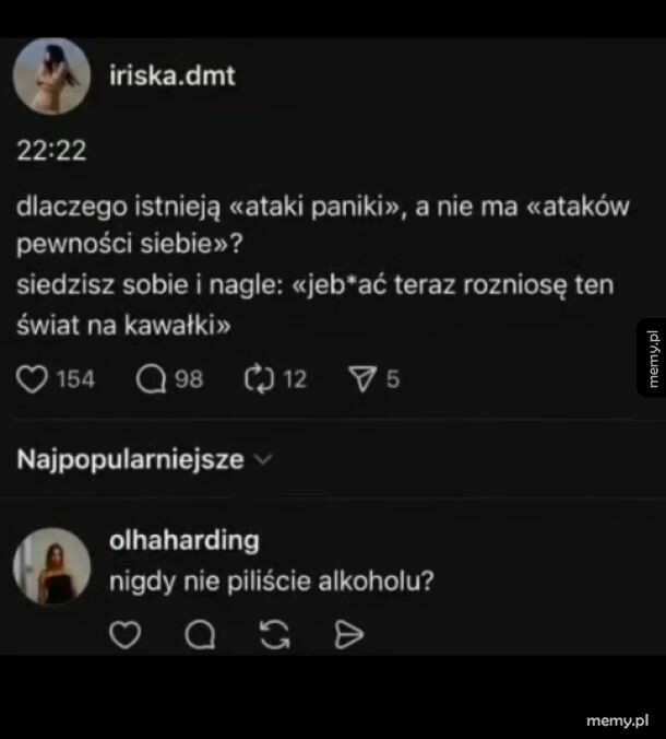 Tekst na czarnym tle z pytaniem o ataki paniki i pewności siebie.