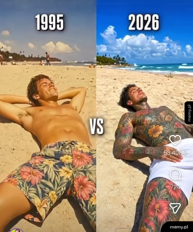 Porównanie dwóch zdjęć mężczyzny na plaży z lat 1995 i 2026.