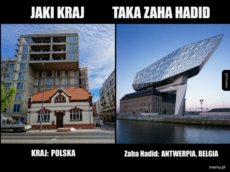 Budynki w Polsce i Belgii, kontrastujące style architektoniczne.