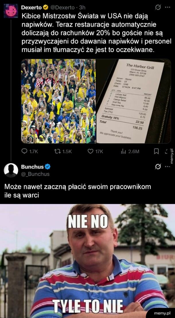 Grupa kibiców na trybunach oraz paragon z restauracji.