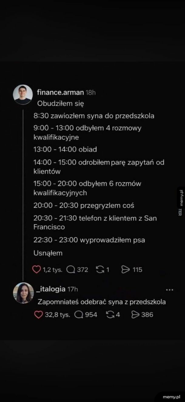Plan dnia z godzinami i zadaniami, w tym odbiór dziecka z przedszkola.