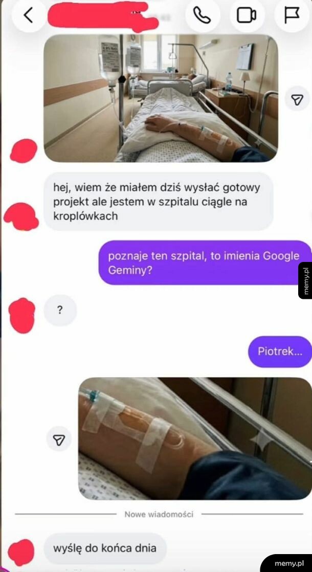 Osoba leży w szpitalnym łóżku z kroplówką na ręce.