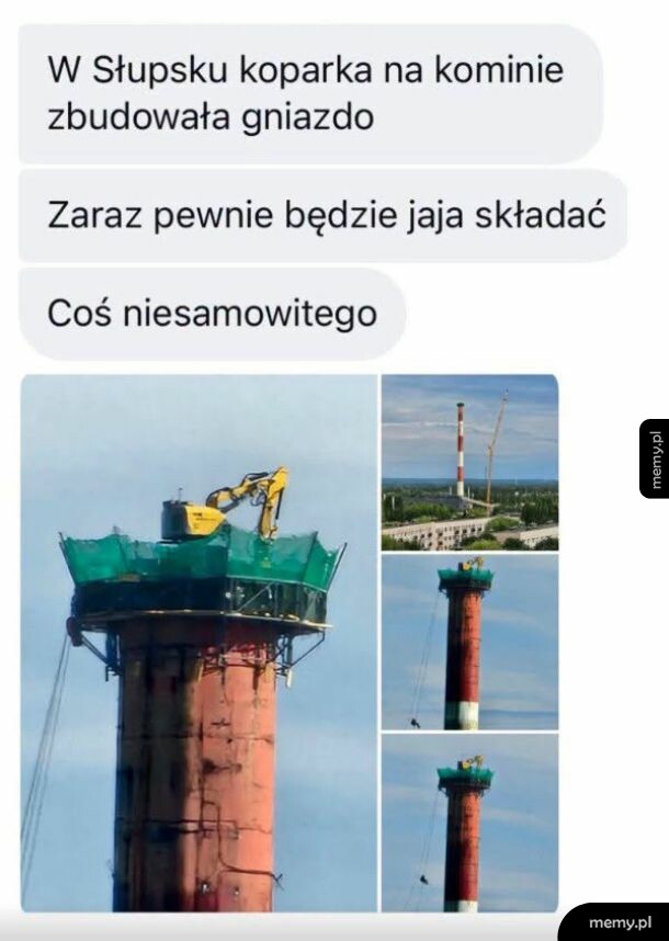 Koparka na kominie z zielonymi siatkami budowlanymi.