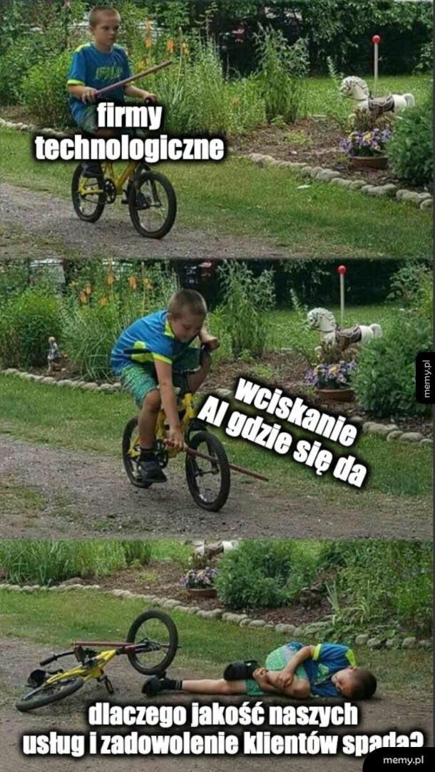 Chłopiec na rowerze, próbujący wcisnąć przycisk AI, upada.
