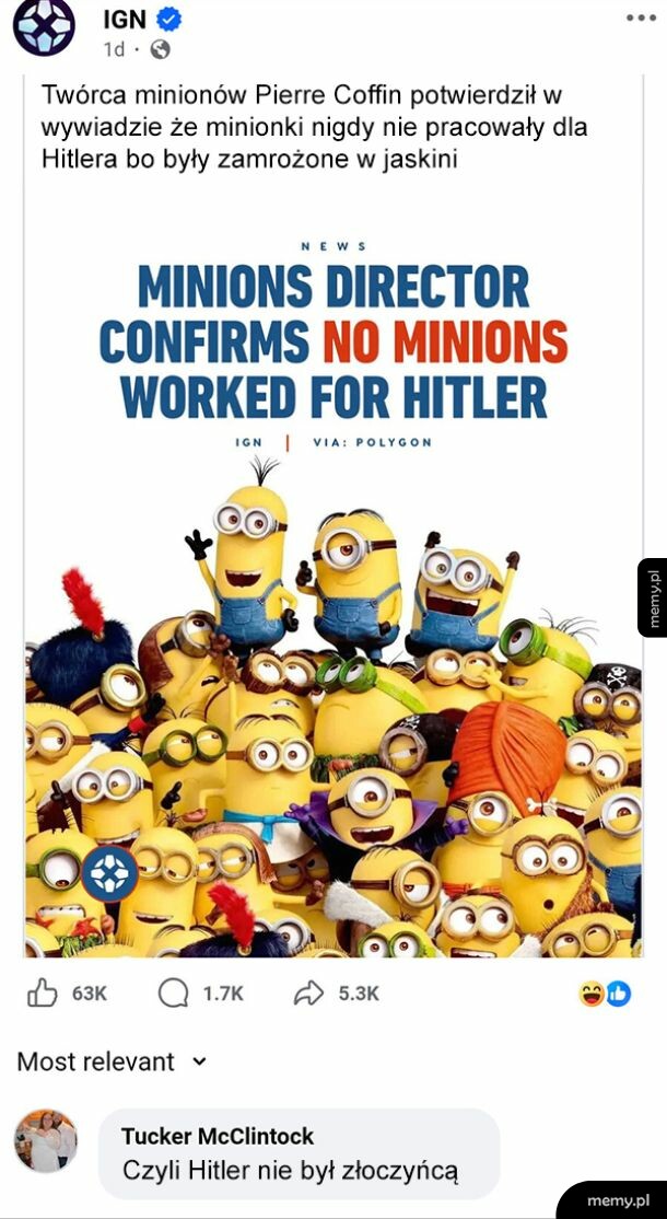 Grupa minionków w kolorowej scenerii, z napisem o reżyserze minionków.