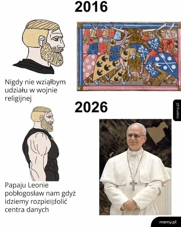 Postać z brodą w stylu średniowiecznym i nowoczesnym, papież w białej sutannie.