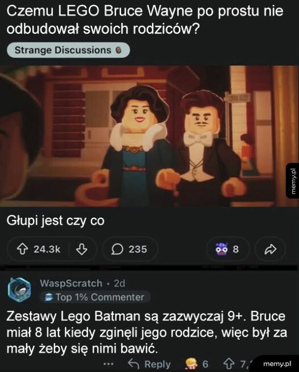 Klocki LEGO przedstawiające Bruce'a Wayne'a i jego rodziców.