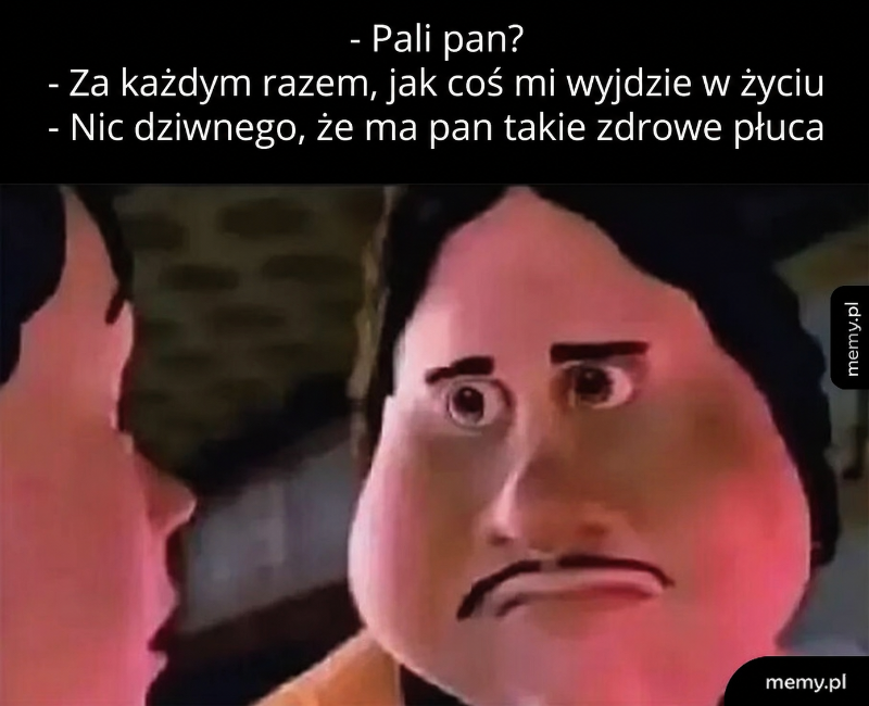 Postać z wyrazem zmartwienia, tekst rozmowy na górze.