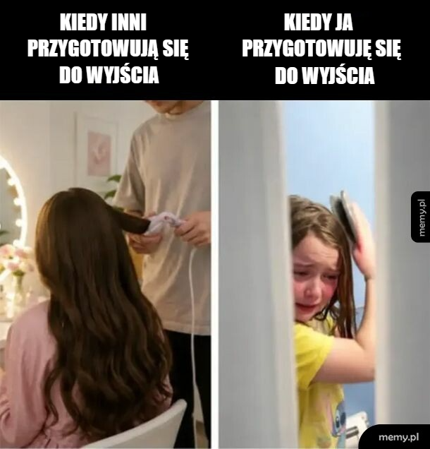 Kobieta z długimi włosami przygotowująca się do wyjścia, obok zdjęcie płaczącej dziewczyny z prostownicą.