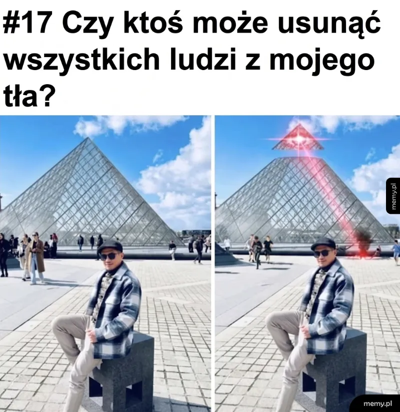 Mężczyzna siedzący na tle Luwru, z efektem usunięcia ludzi w drugiej części.