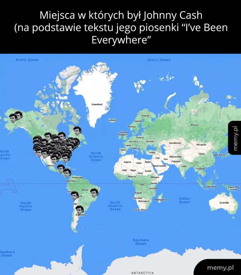 Mapa świata z zaznaczonymi miejscami, w których był Johnny Cash.