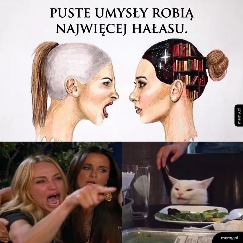 Dwie kobiety krzyczą na siebie, jedna z pustą głową, druga z książkami w głowie.