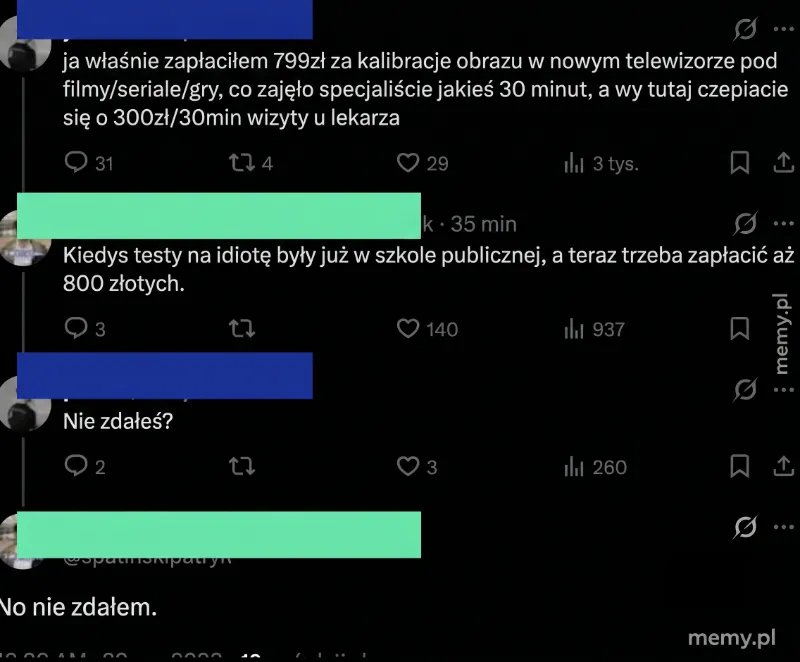 Rozmowa na Twitterze o kosztach kalibracji telewizora i testach na idiotę.