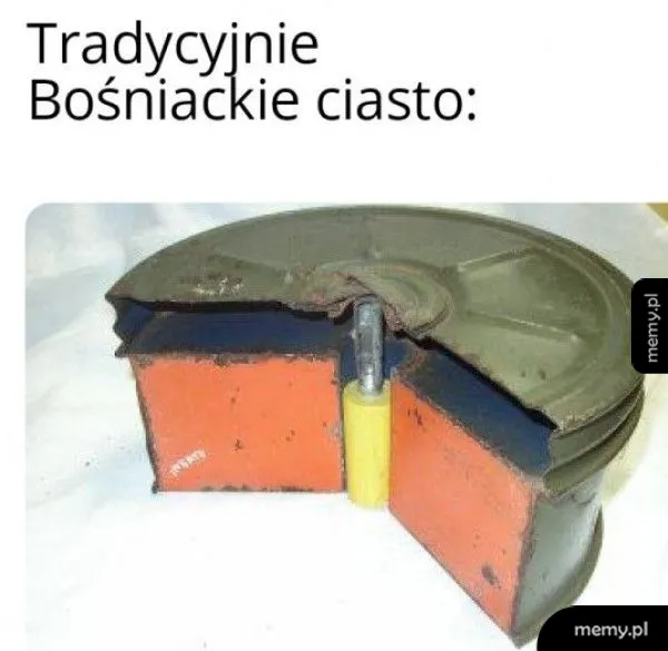 Przekrojony przedmiot przypominający ciasto, z metalową pokrywą i żółtym elementem.