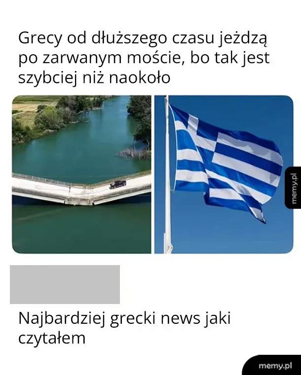 Widok na rzekę z mostem oraz flaga Grecji.