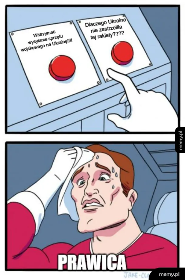 Mężczyzna w czerwonym kostiumie z dłońmi na czole, z dwiema czerwonymi przyciskami.
