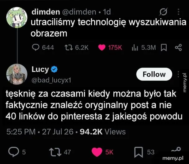 Dwa tweety na tle czarnego tła, jeden z grafiką, drugi z tekstem.