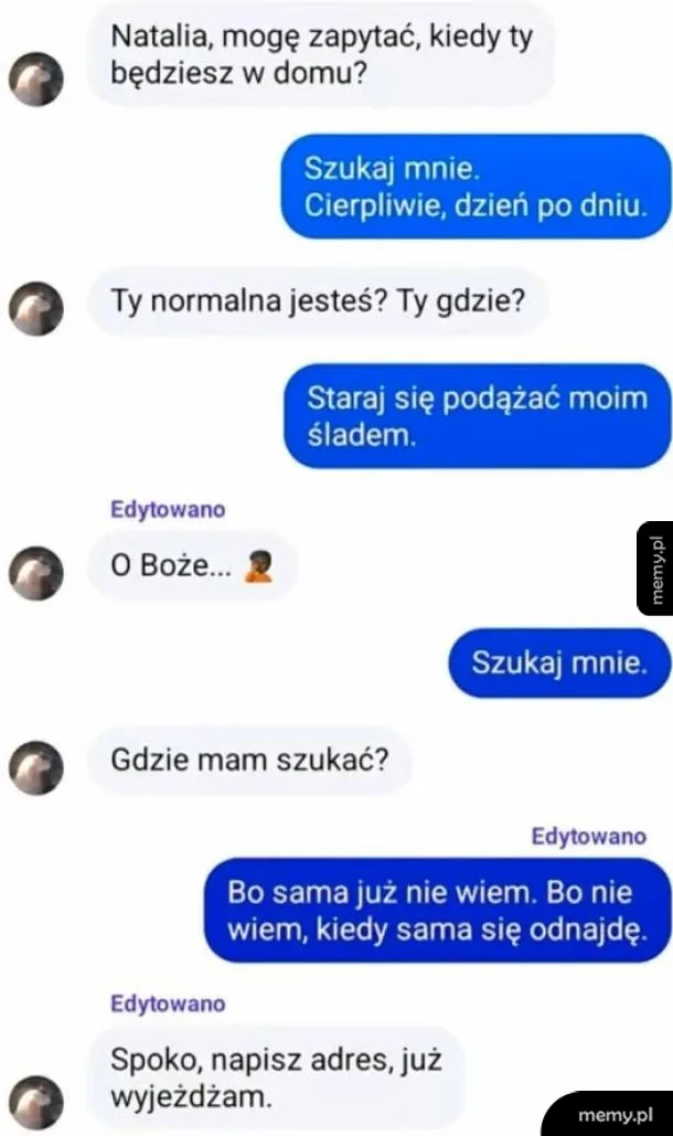 Rozmowa tekstowa między dwiema osobami na temat poszukiwań.