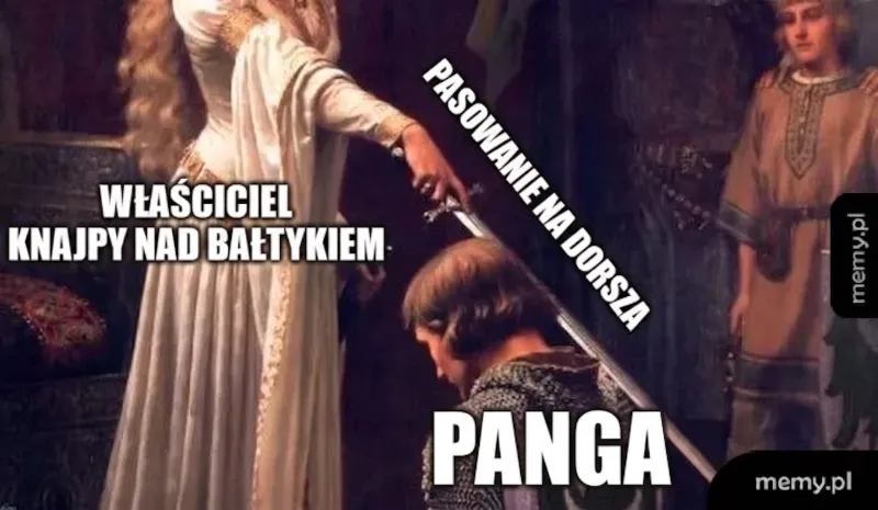 Kobieta w białej sukni trzyma miecz, mężczyzna klęczy, obok inny mężczyzna.