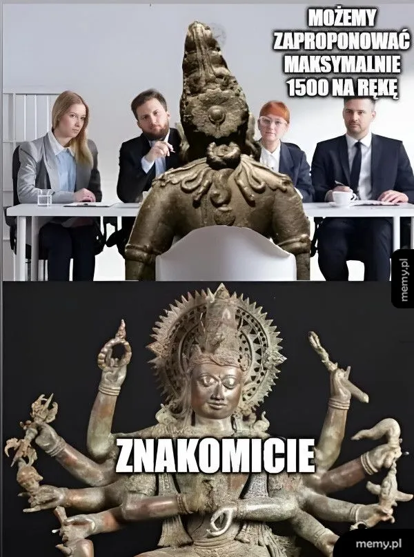 Grupa ludzi w garniturach przy stole, z posągiem z wieloma ramionami w tle.