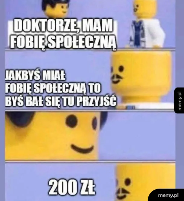 Postacie LEGO rozmawiające o fobii społecznej.