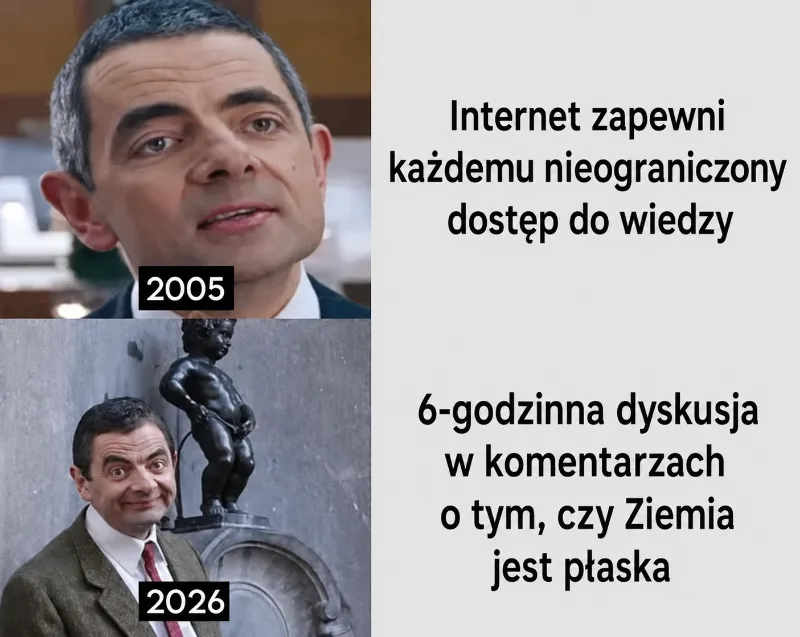 Mężczyzna w garniturze mówi do kamery, poniżej tekst o dyskusji na temat płaskości Ziemi.