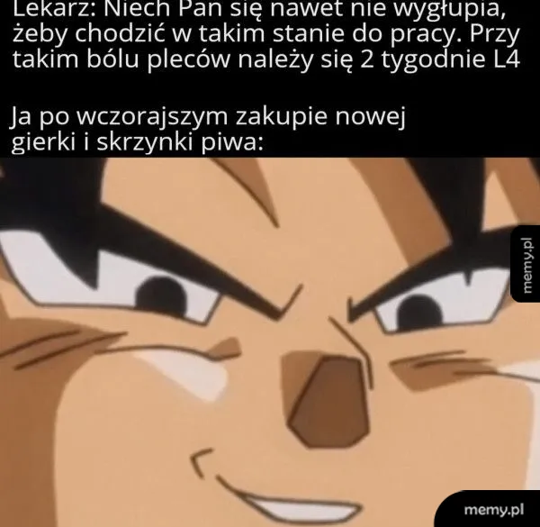 Mężczyzna z uśmiechem, tekst o bólu pleców i zakupie gierki.