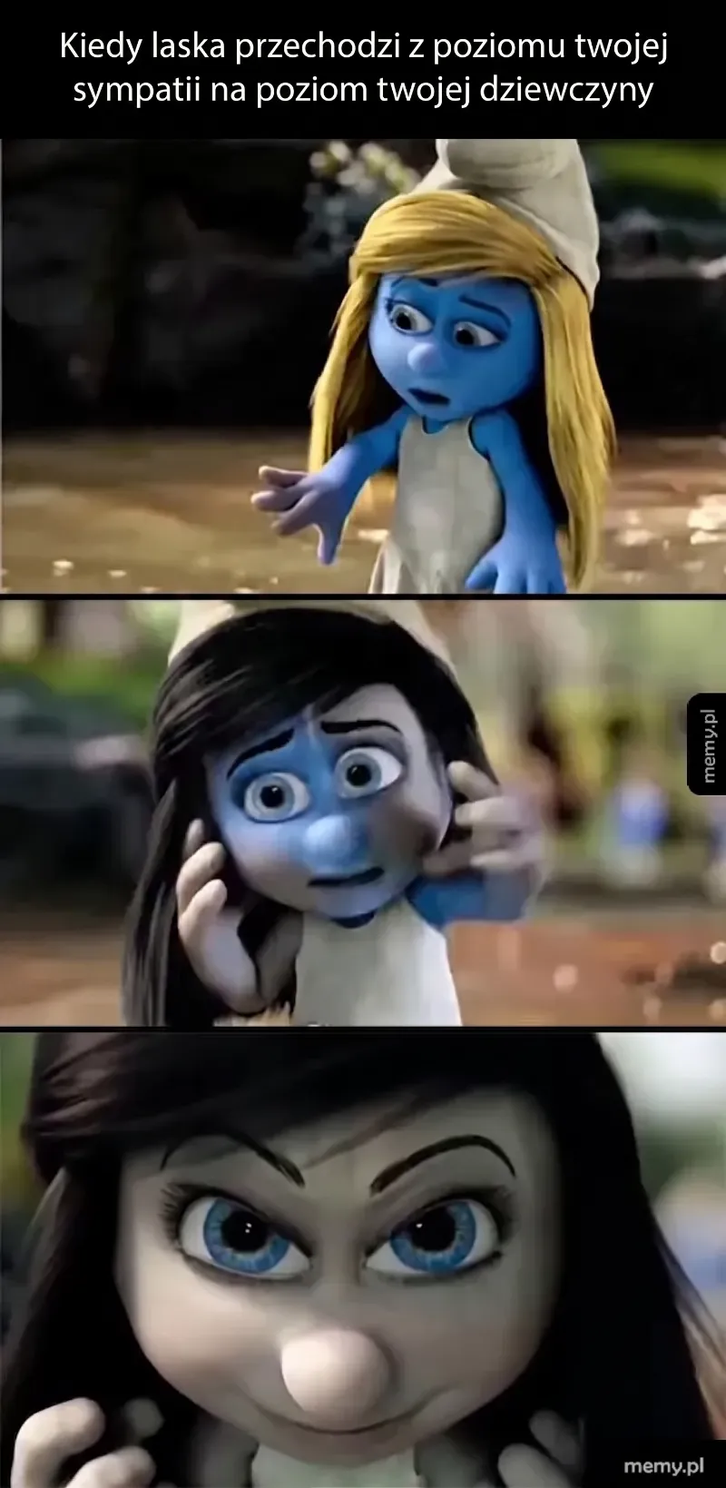 Trzy kadry z animacji, przedstawiające smurfy w różnych emocjach.