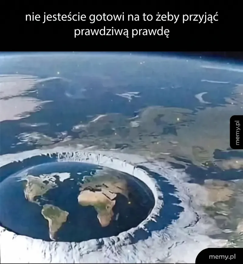 Widok Ziemi z perspektywy płaskiej, z kontynentami na okrągłej powierzchni.