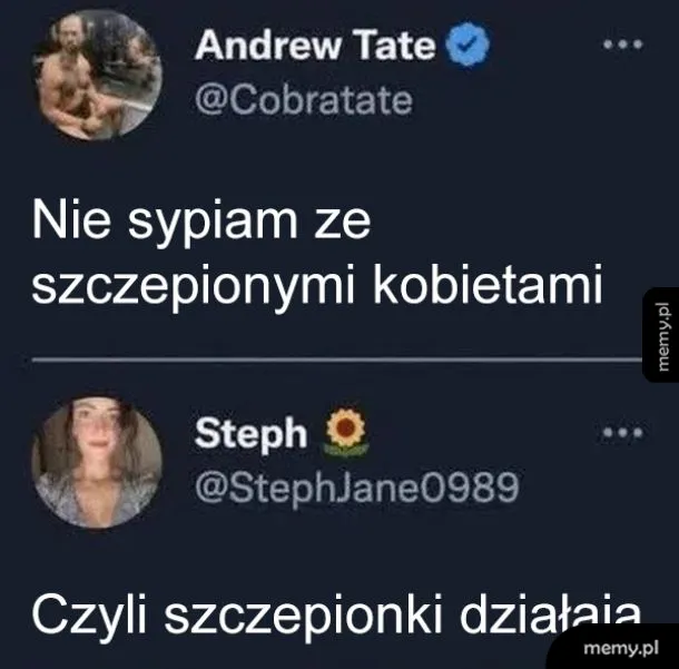 Dwa tweety, jeden od Andrew Tate'a, drugi od użytkownika Steph.