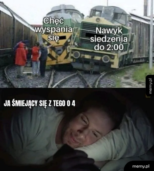 Dwa pociągi na torach, ludzie w tle, mężczyzna leżący w łóżku z telefonem.