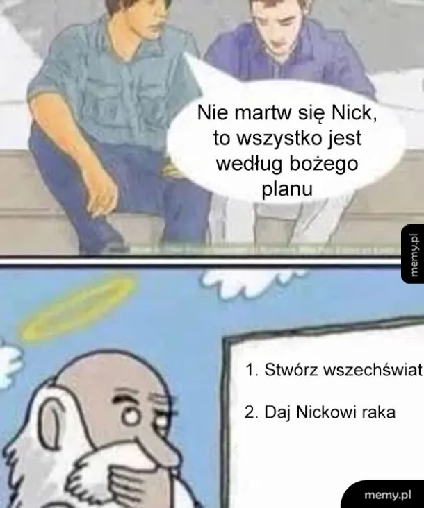 Dwóch mężczyzn rozmawia, jeden pociesza drugiego.