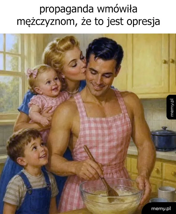 Rodzina w kuchni, mężczyzna w fartuchu przygotowuje jedzenie, kobieta całuje go w policzek.