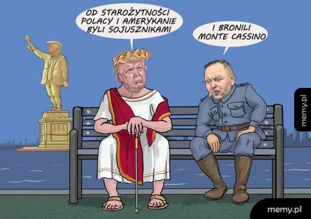 Postacie siedzące na ławce, jedna w togi, druga w mundurze wojskowym.