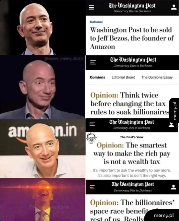 Mężczyzna z łysą głową i uśmiechem, fragmenty artykułów z The Washington Post.