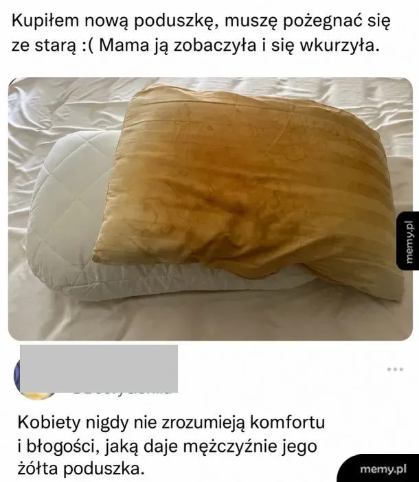 Nowa poduszka obok starej, zniszczonej poduszki na łóżku.