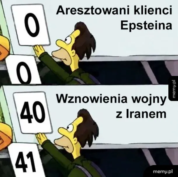 Mężczyzna trzymający tabliczki z liczbami 0 i 40, z tekstem na górze i na dole.