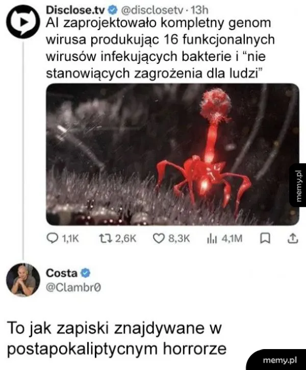 Czerwony wirus z długimi wypustkami na tle ciemnego tła.