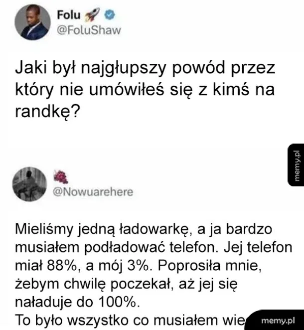 Rozmowa na Twitterze o wymówkach dotyczących umawiania się.