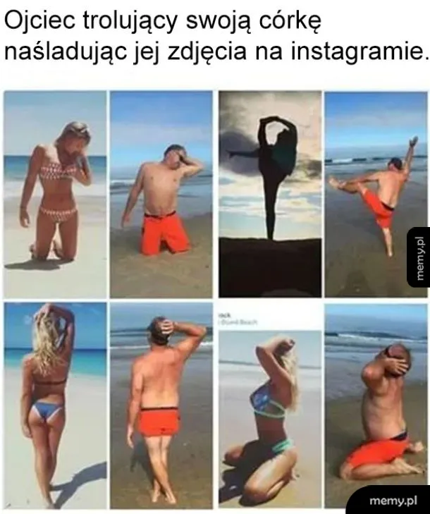 Kolaż zdjęć ojca na plaży, naśladującego różne pozy córki.