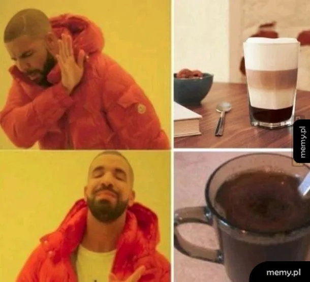 Mężczyzna w czerwonej kurtce odrzuca kawę czarną, a następnie uśmiecha się na widok kawy latte.