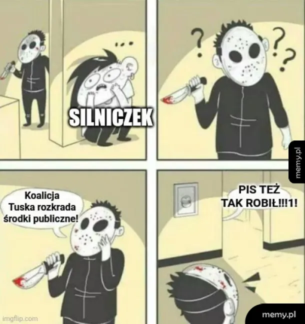 Komiks: morderca w masce szuka przerażonej postaci podpisanej jako SILNICZEK.