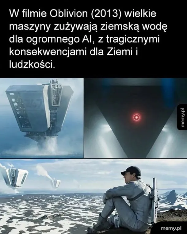 Krytyczne kadry z filmu Oblivion przedstawiające gigantyczne maszyny i postać w futurystycznym stroju.